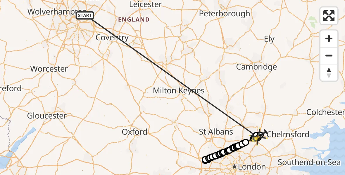 Flight route Police Helicopter Sutton Coldfield - North Weald Airfield, 06 September 2026, 19:35