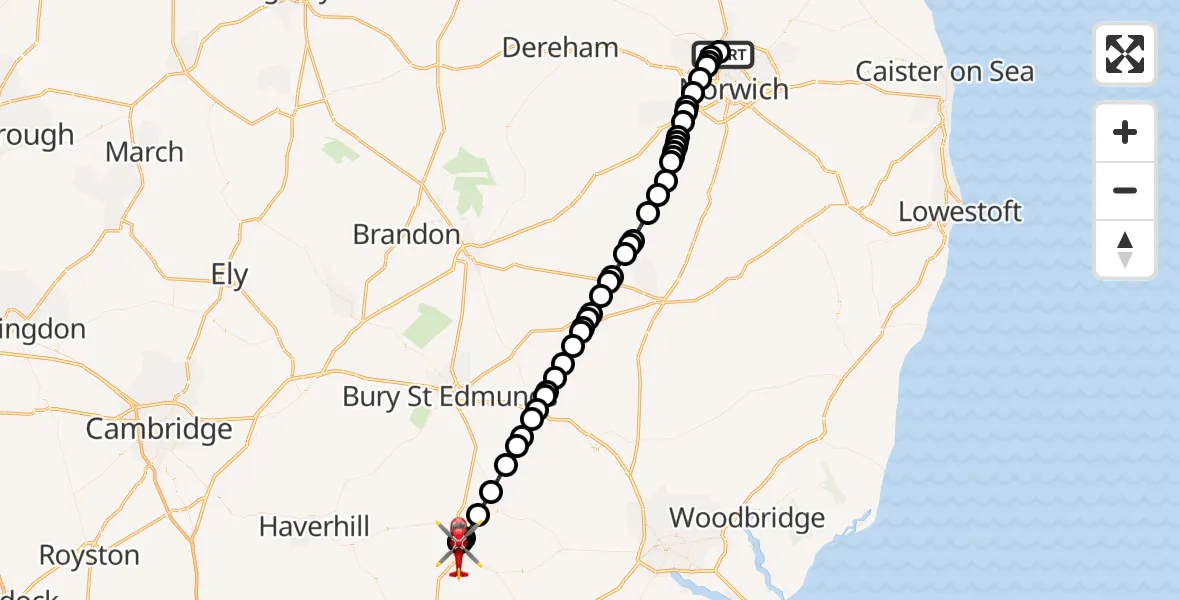 Flight route Air Ambulance Helicopter Norwich Airport - Sudbury, 06 September 2026, 19:45