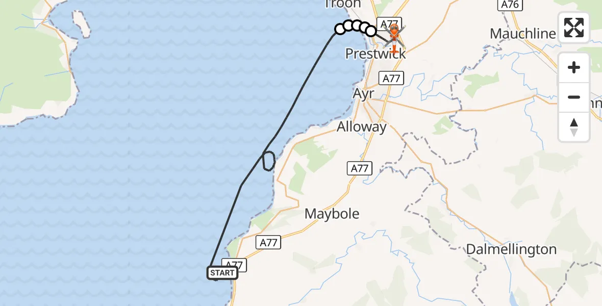 Flight route Coastguard Helicopter Inner Seas - Glasgow Prestwick Airport, 06 September 2026, 20:05