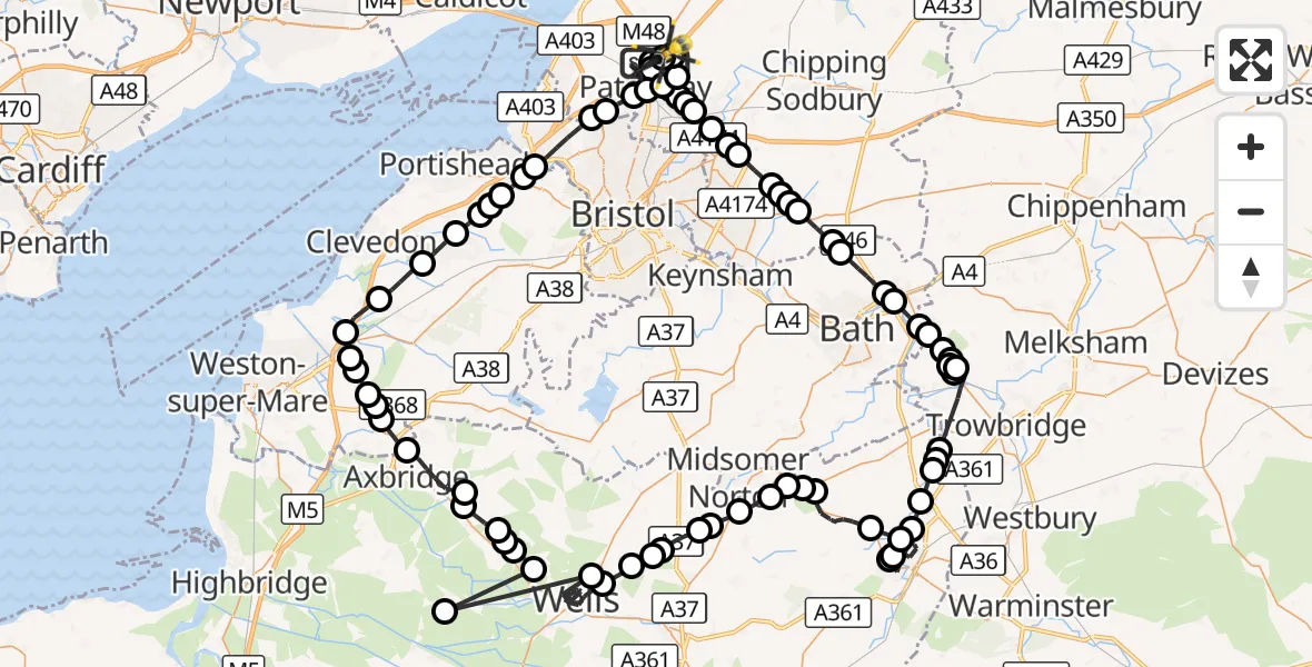 Flight route Police Helicopter Almondsbury Helicopter Base - Almondsbury Helicopter Base, 06 September 2026, 20:22
