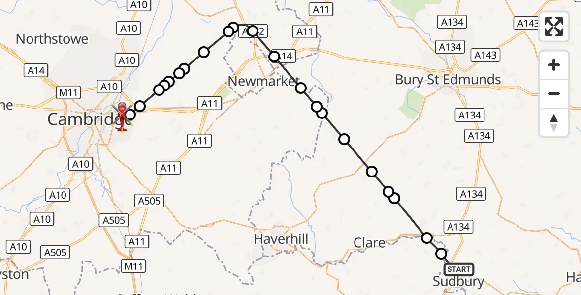 Flight route Air Ambulance Helicopter Sudbury - Cambridge City Airport, 06 September 2026, 20:45