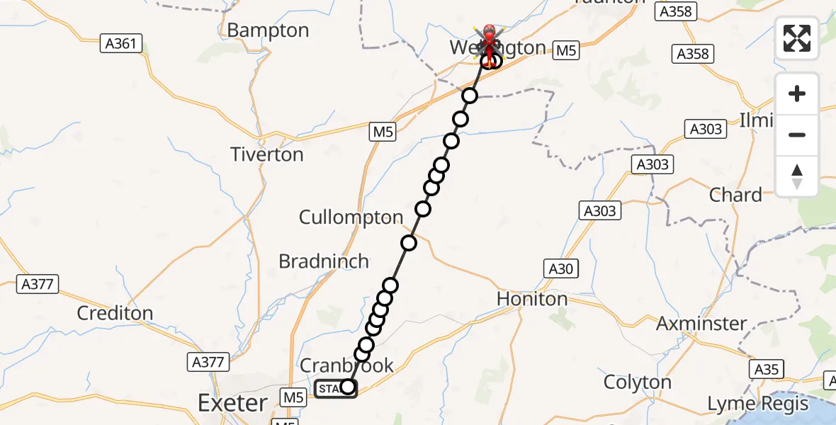 Flight route Air Ambulance Helicopter Exeter International Airport - Wellington, 06 September 2026, 21:52