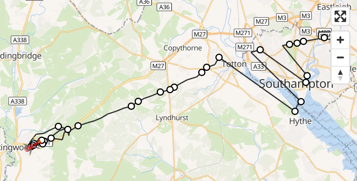 Flight route Air Ambulance Helicopter Southampton Airport - Poulner, 06 September 2026, 22:32