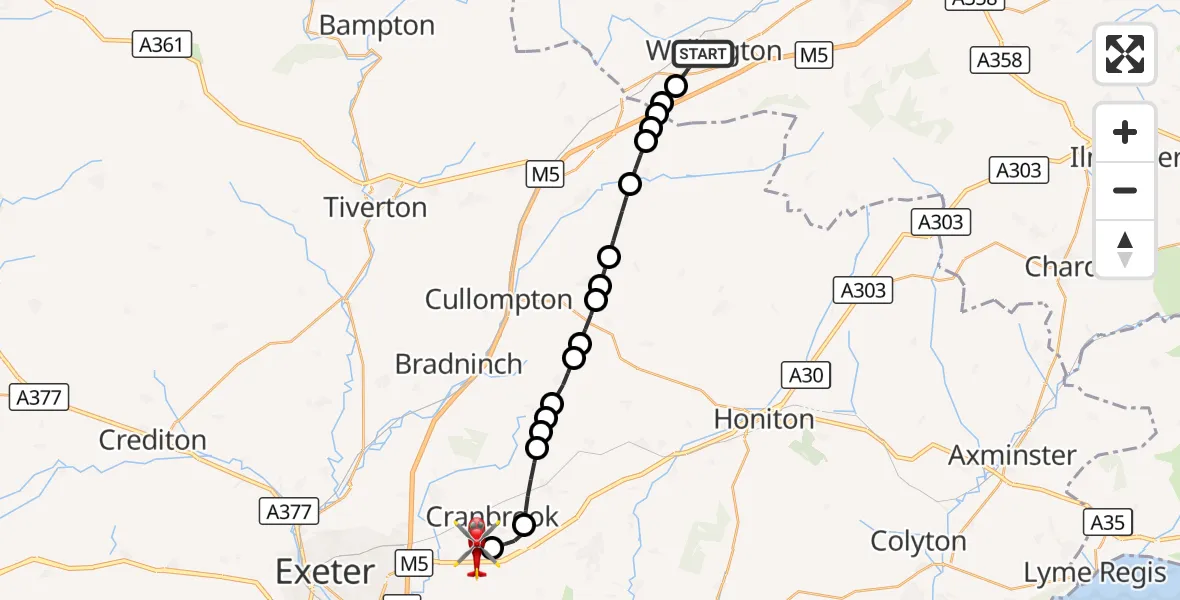 Flight route Air Ambulance Helicopter Wellington - Exeter International Airport, 06 September 2026, 23:06