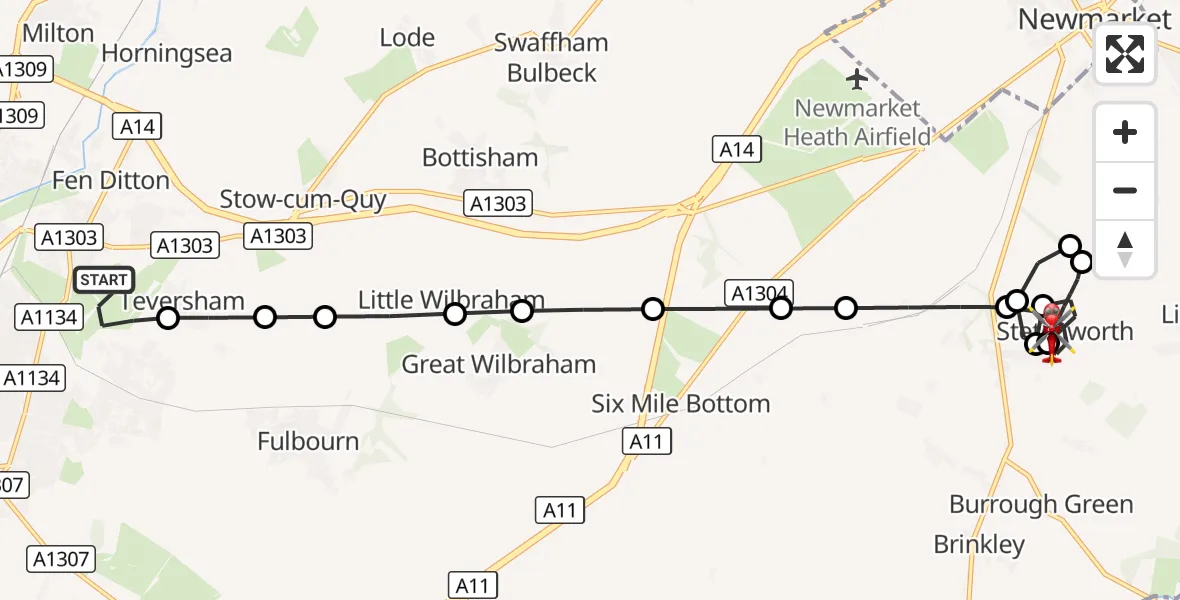 Flight route Air Ambulance Helicopter Cambridge City Airport - Stetchworth, 06 September 2026, 23:09