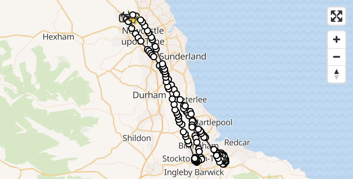 Flight route Police Helicopter Newcastle International Airport - Woolsington, 06 September 2026, 23:19