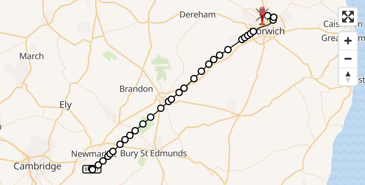Flight route Air Ambulance Helicopter Stetchworth - Norwich Airport, 06 September 2026, 23:57
