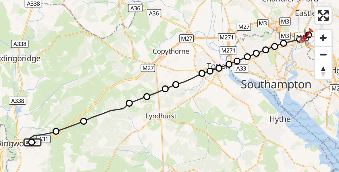 Flight route Air Ambulance Helicopter Hightown - Southampton Airport, 07 September 2026, 00:49