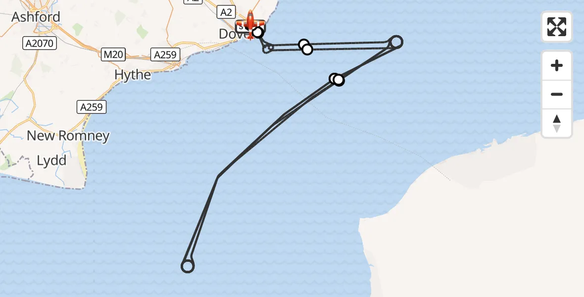 Flight route Coastguard Drone Langdon Battery Heliport - Swingate Airfield, 07 September 2026, 01:18
