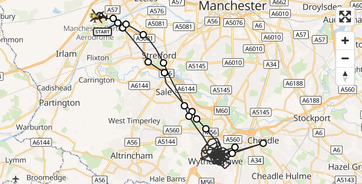Flight route Police Helicopter Urmston - Manchester Barton Aerodrome, 07 September 2026, 02:41