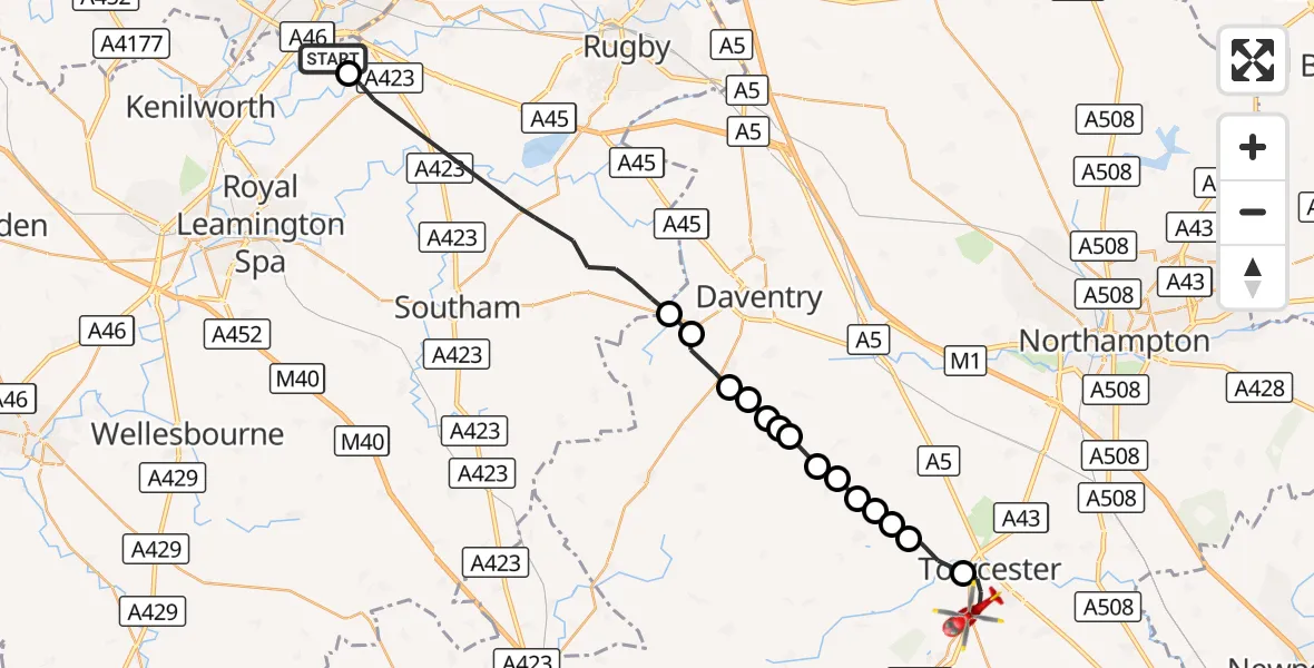 Flight route Air Ambulance Helicopter Coventry Airport - Towcester, 07 September 2026, 06:38