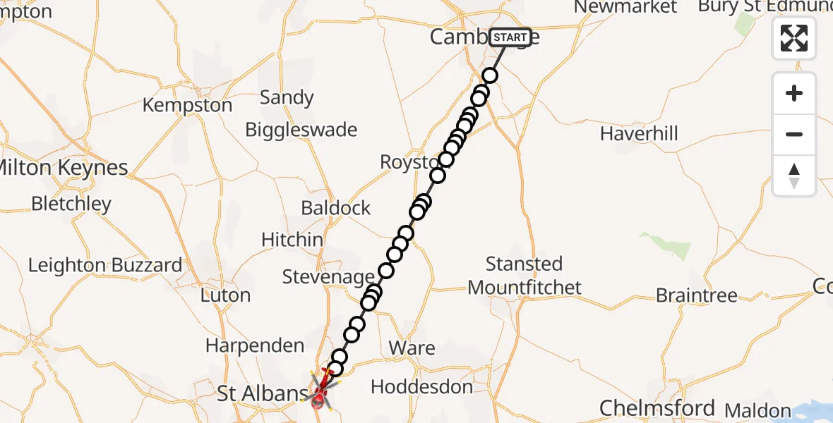 Flight route Air Ambulance Helicopter Cambridge City Airport - Hatfield, 07 September 2026, 06:39