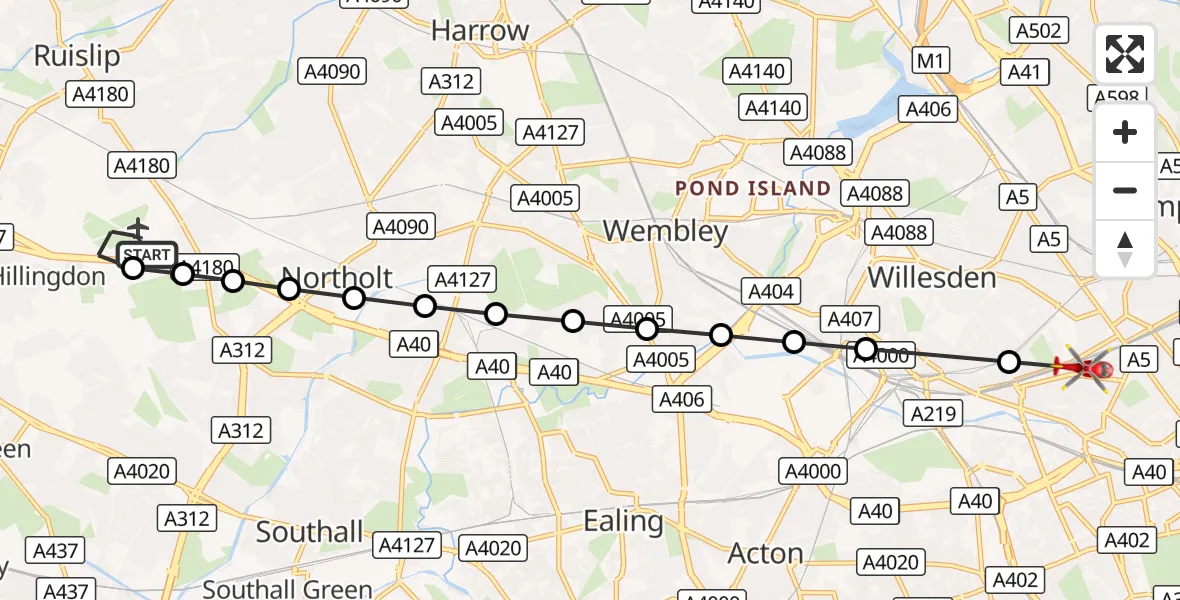 Flight route Air Ambulance Helicopter RAF Northolt - Queen's Park, 07 September 2026, 06:43