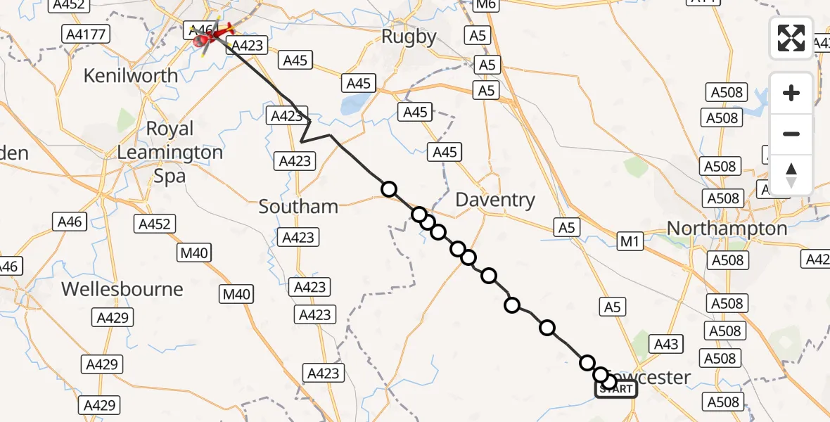 Flight route Air Ambulance Helicopter Towcester - Warwick, 07 September 2026, 07:04
