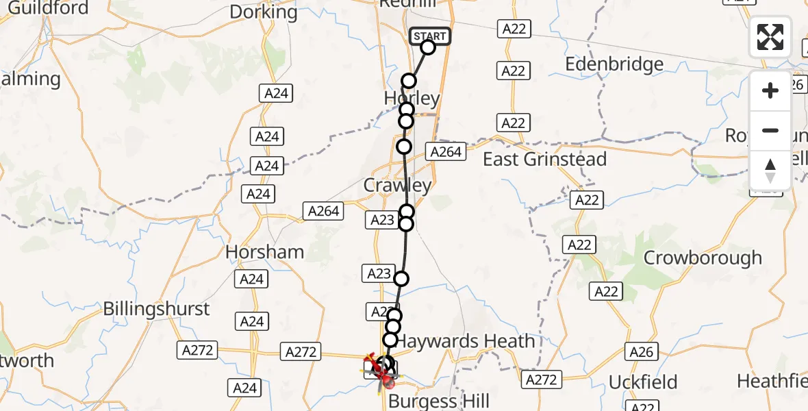 Flight route Air Ambulance Helicopter Redhill Aerodrome - Bolney, 07 September 2026, 07:57