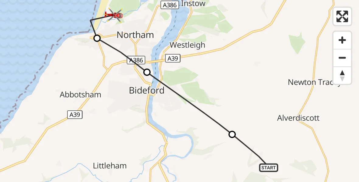 Flight route Air Ambulance Helicopter Torridge - Westward Ho!, 07 September 2026, 07:58