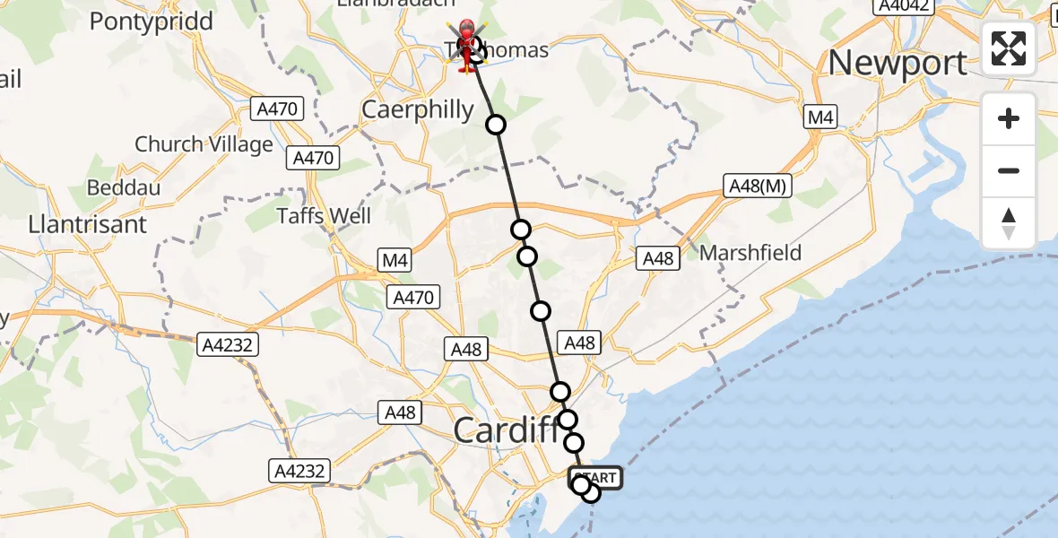Flight route Air Ambulance Helicopter Cardiff Heliport - Caerphilly, 07 September 2026, 07:58