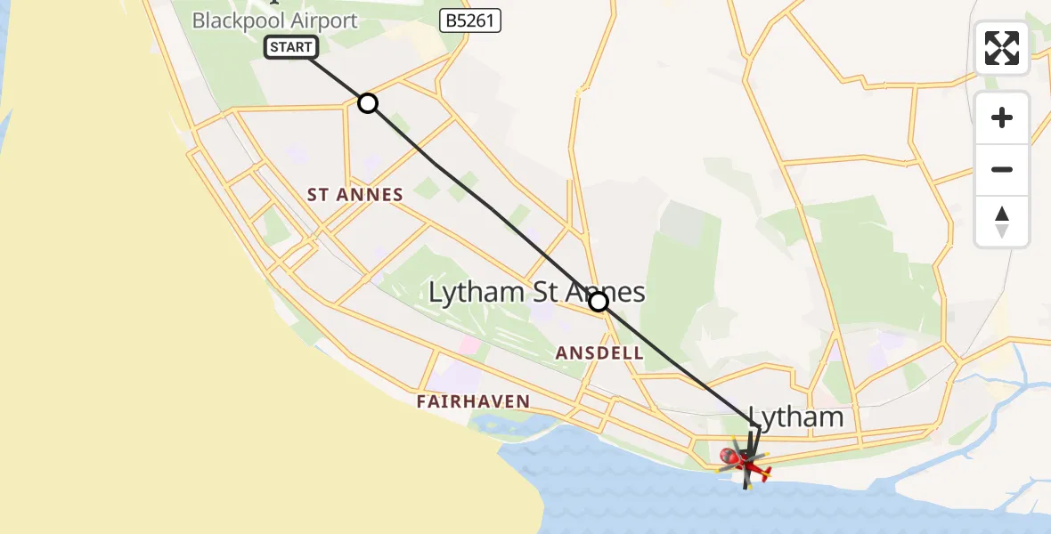 Flight route Air Ambulance Helicopter Blackpool Airport - Lytham, 07 September 2026, 08:04