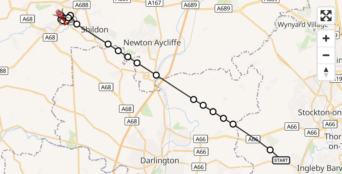 Flight route Air Ambulance Helicopter Egglescliffe - St Helen Auckland, 07 September 2026, 08:07