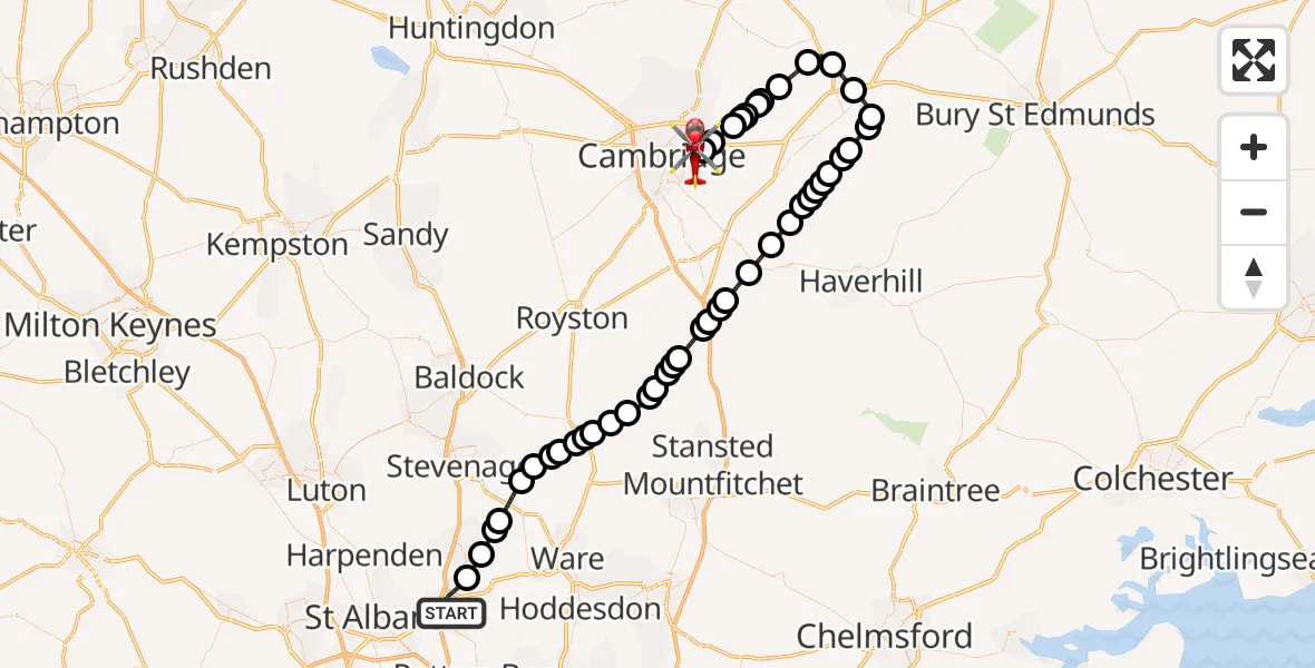 Flight route Air Ambulance Helicopter Hatfield - Cambridge City Airport, 07 September 2026, 08:12