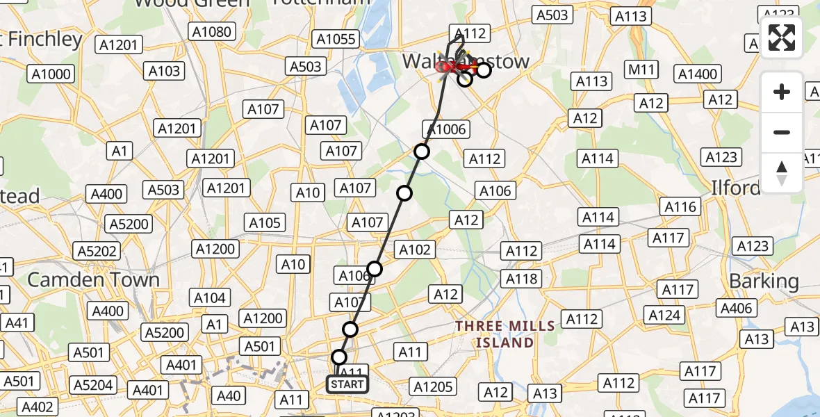 Flight route Air Ambulance Helicopter Royal London Hospital - Leyton, 07 September 2026, 08:20