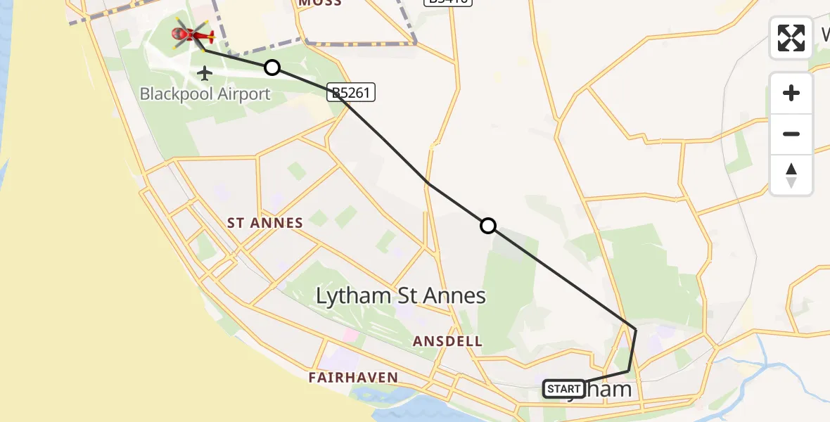 Flight route Air Ambulance Helicopter Lytham - Blackpool Airport, 07 September 2026, 08:29