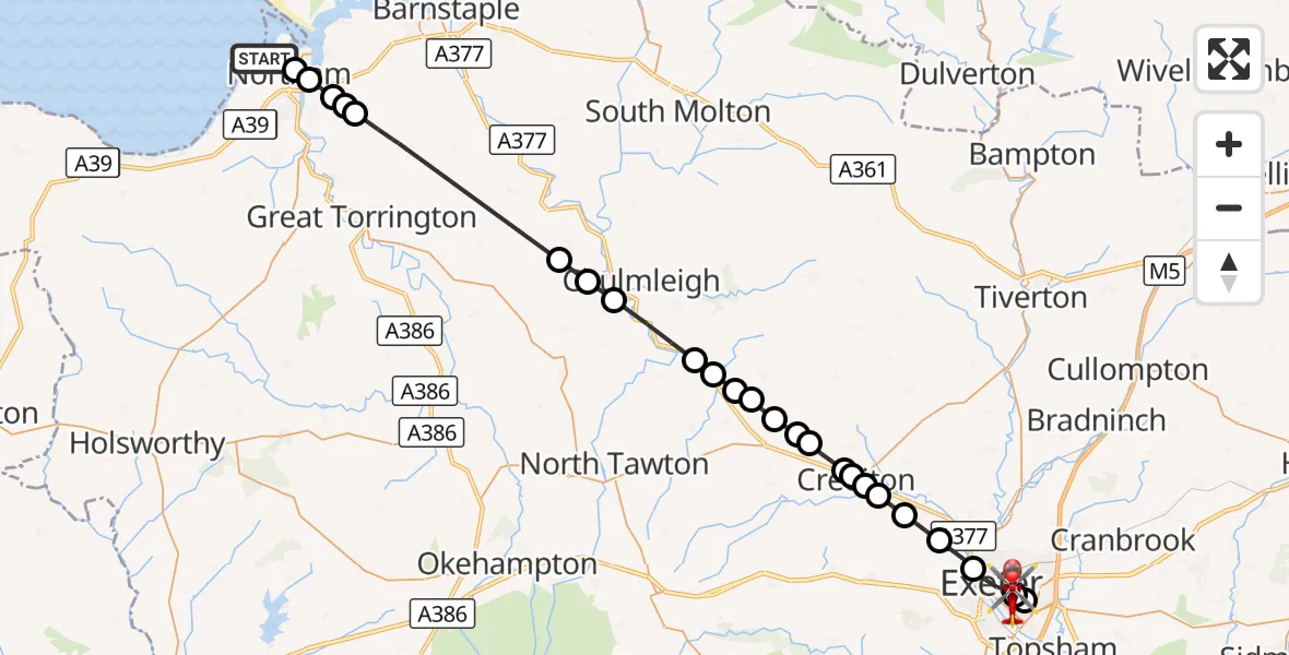 Flight route Air Ambulance Helicopter Westward Ho! - Royal Devon & Exeter Hospital, 07 September 2026, 08:33