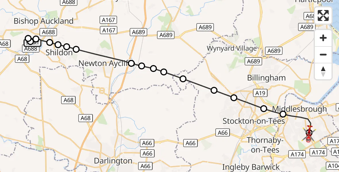 Flight route Air Ambulance Helicopter Bishop Auckland - James Cook University Hospital, 07 September 2026, 08:46