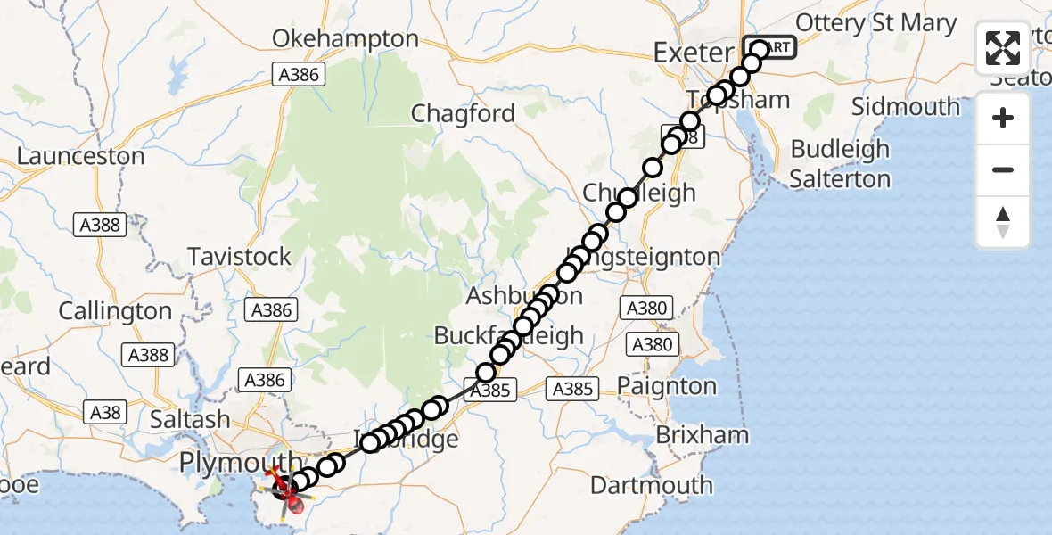 Flight route Air Ambulance Helicopter Exeter International Airport - Down Thomas, 07 September 2026, 08:51