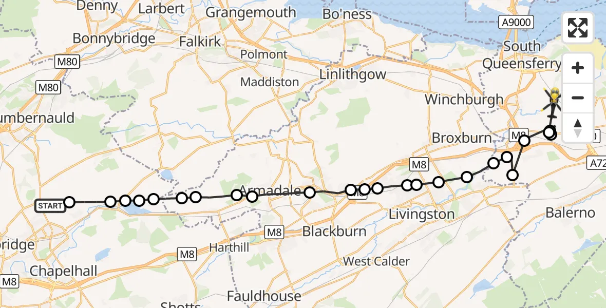 Flight route Police Helicopter Airdrie - Edinburgh Airport, 07 September 2026, 08:54
