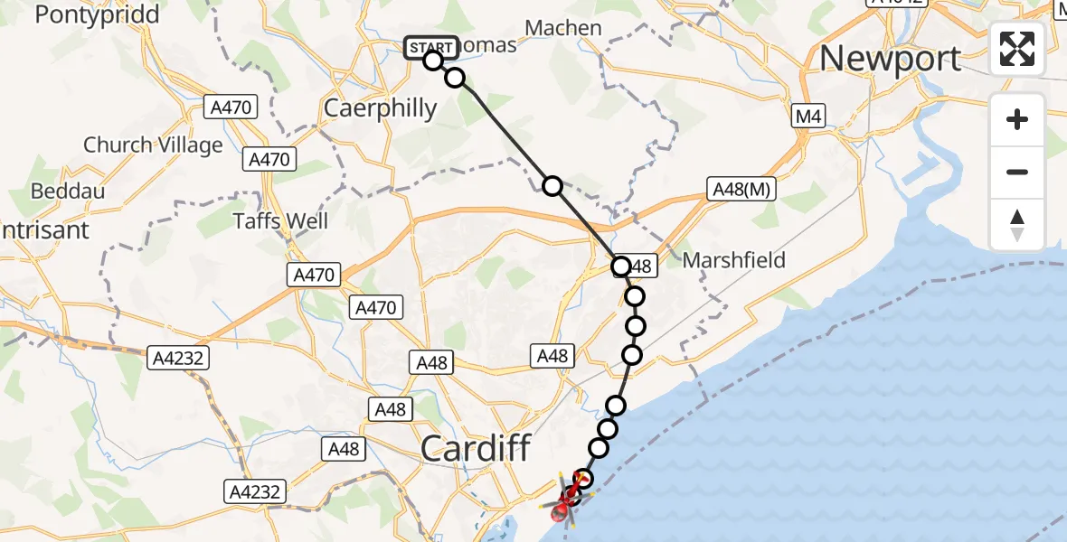Flight route Air Ambulance Helicopter Bedwas - Cardiff Heliport, 07 September 2026, 09:09