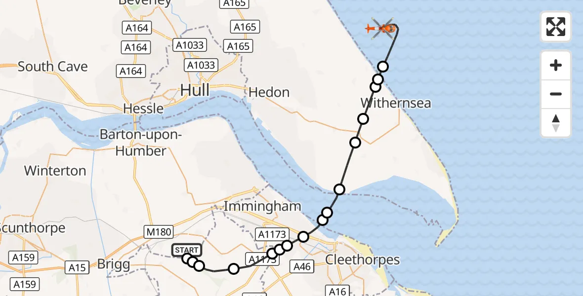 Flight route Coastguard Helicopter Humberside Airport - North Sea, 07 September 2026, 09:13