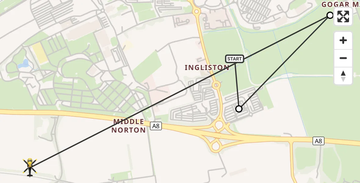 Flight route Police Helicopter Edinburgh Airport - Ratho Station, 07 September 2026, 09:17