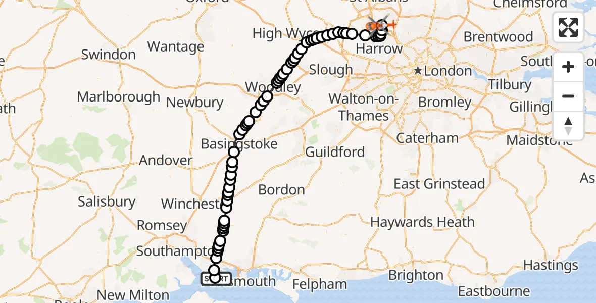 Flight route Coastguard Helicopter Solent Airport - Elstree Airfield, 07 September 2026, 09:17
