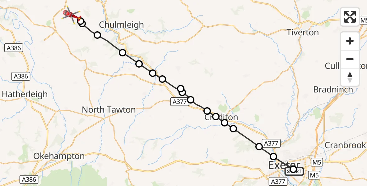 Flight route Air Ambulance Helicopter Royal Devon & Exeter Hospital - North Devon, 07 September 2026, 09:22