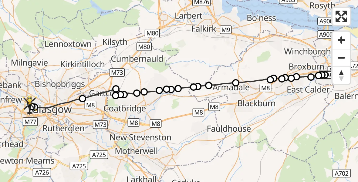 Flight route Police Helicopter Ratho - Glasgow, 07 September 2026, 09:31