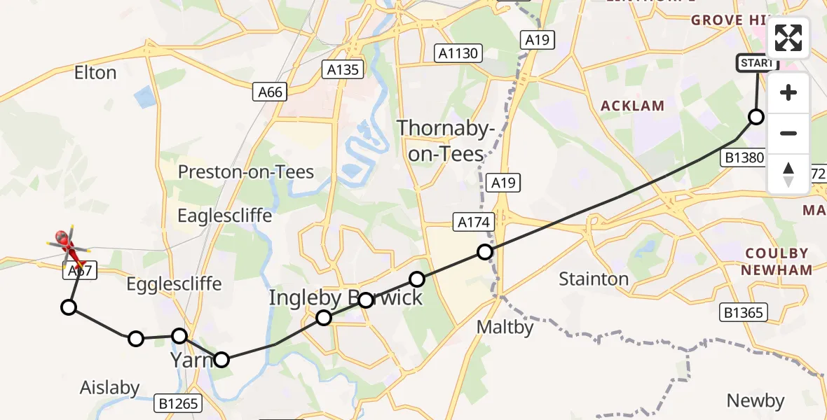 Flight route Air Ambulance Helicopter James Cook University Hospital - Egglescliffe, 07 September 2026, 09:34
