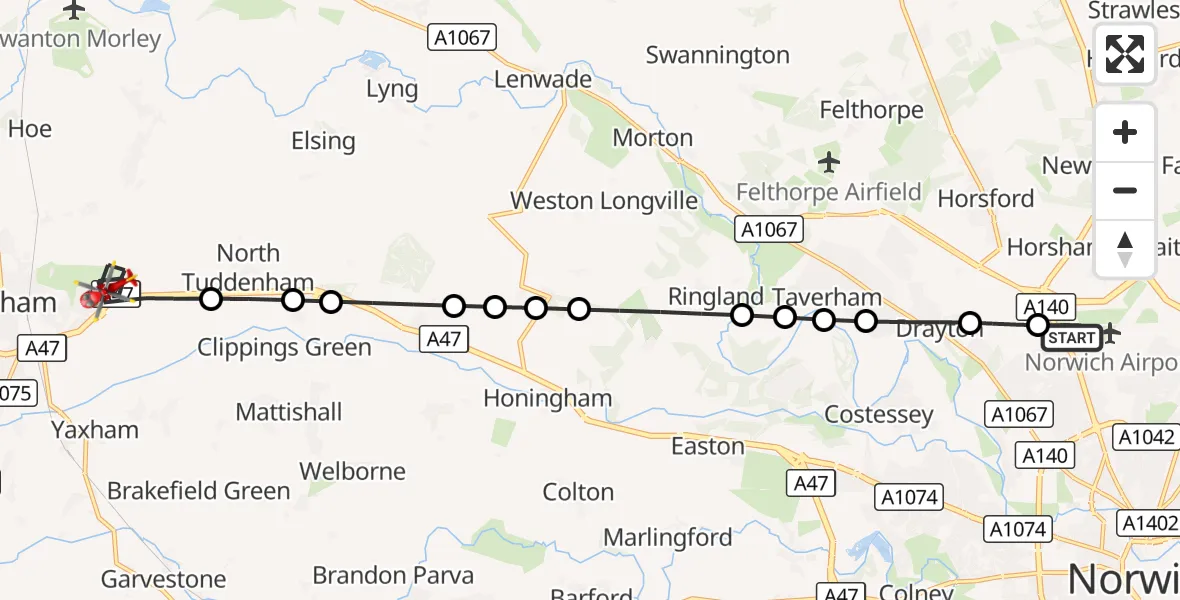 Flight route Air Ambulance Helicopter Norwich Airport - Dereham, 07 September 2026, 09:40