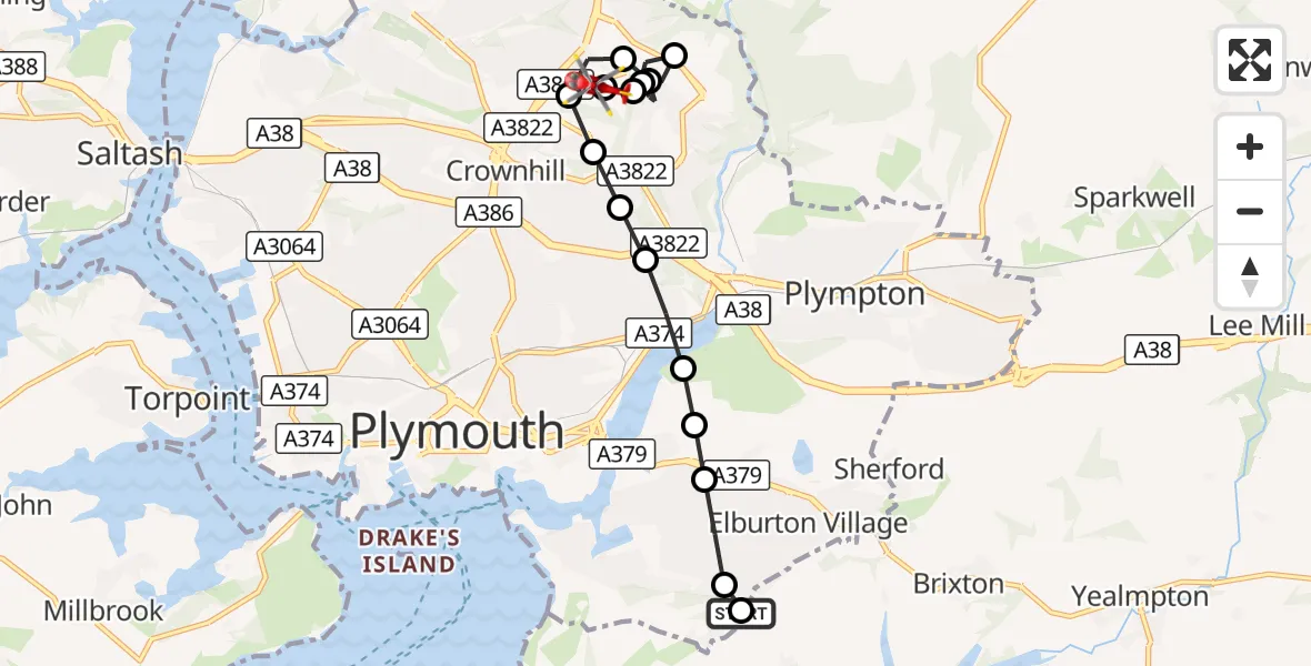 Flight route Air Ambulance Helicopter Elburton Village - Derriford Hospital, 07 September 2026, 09:44