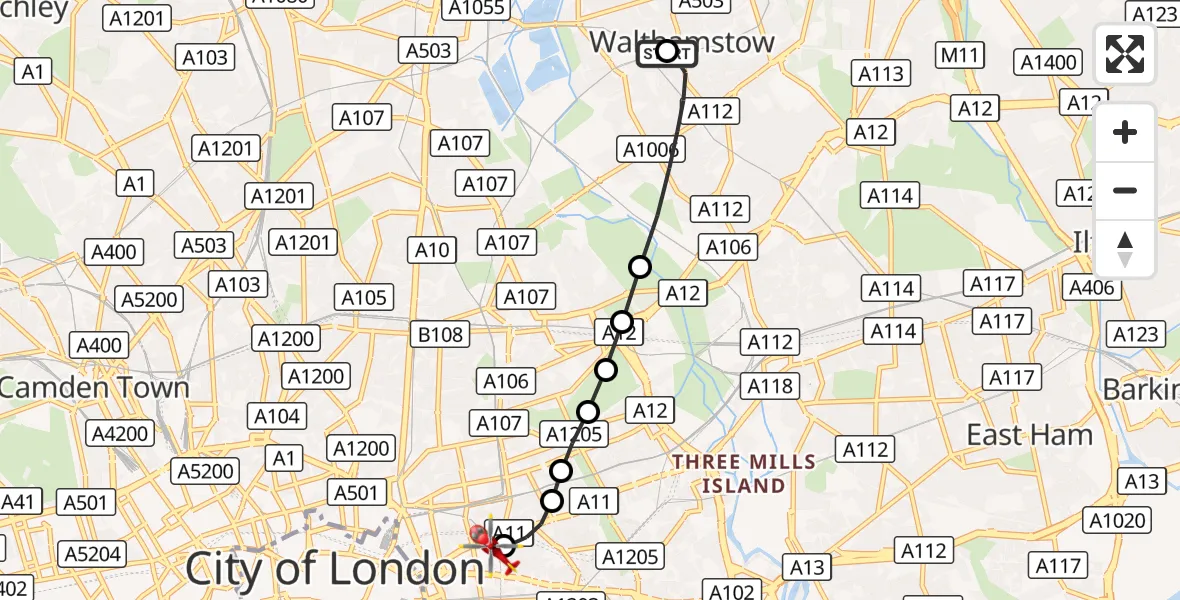 Flight route Air Ambulance Helicopter Waltham Forest - Royal London Hospital, 07 September 2026, 09:44