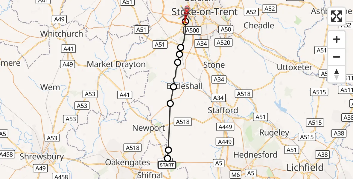 Flight route Air Ambulance Helicopter Tong - Newcastle-under-Lyme, 07 September 2026, 09:51