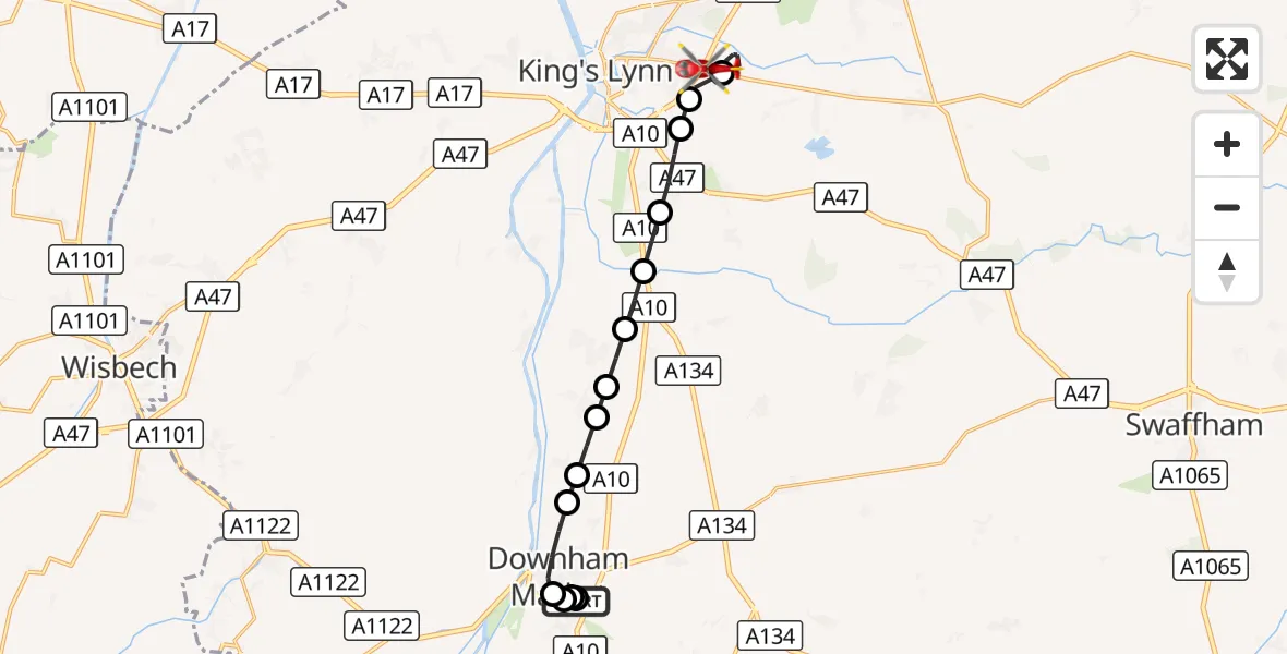 Flight route Air Ambulance Helicopter Downham Market - King's Lynn and West Norfolk, 07 September 2026, 09:58