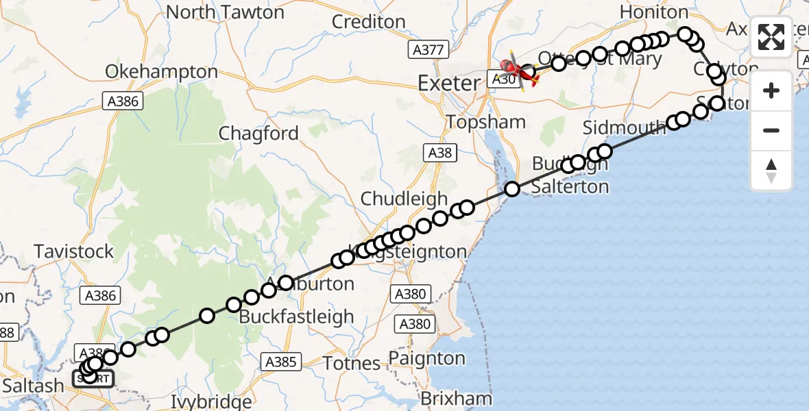 Flight route Air Ambulance Helicopter Derriford Hospital - Exeter International Airport, 07 September 2026, 10:09