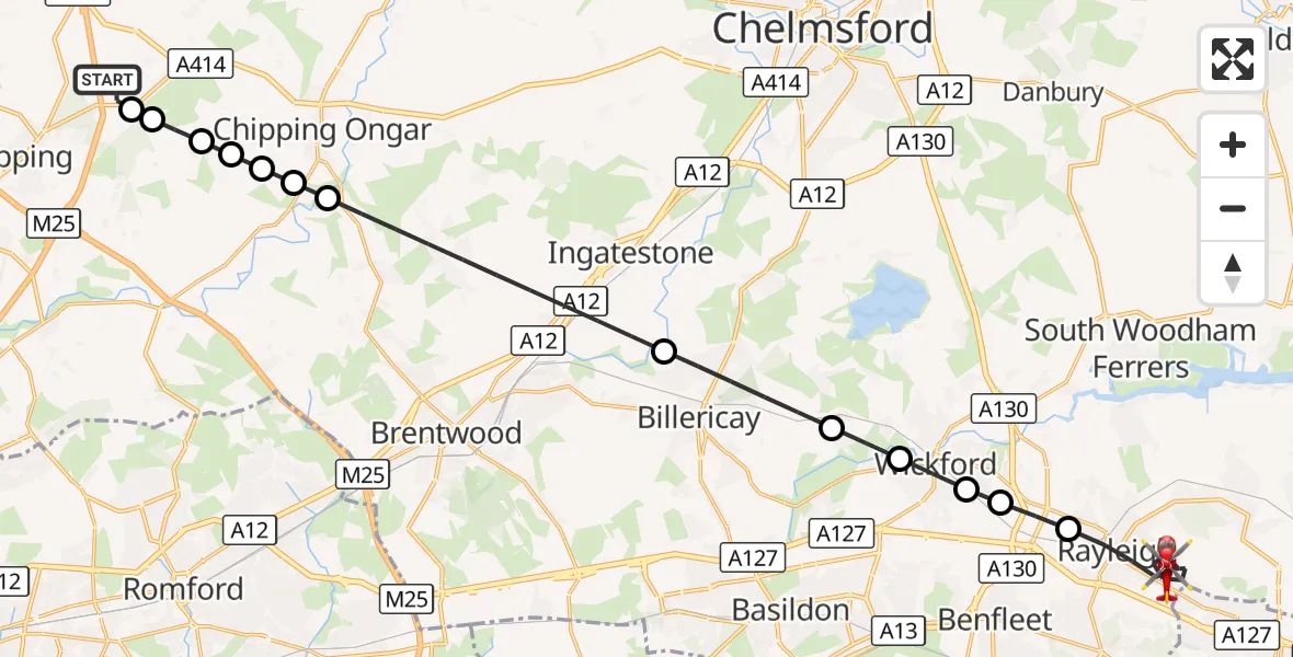 Flight route Air Ambulance Helicopter North Weald Airfield - Rayleigh, 07 September 2026, 10:12