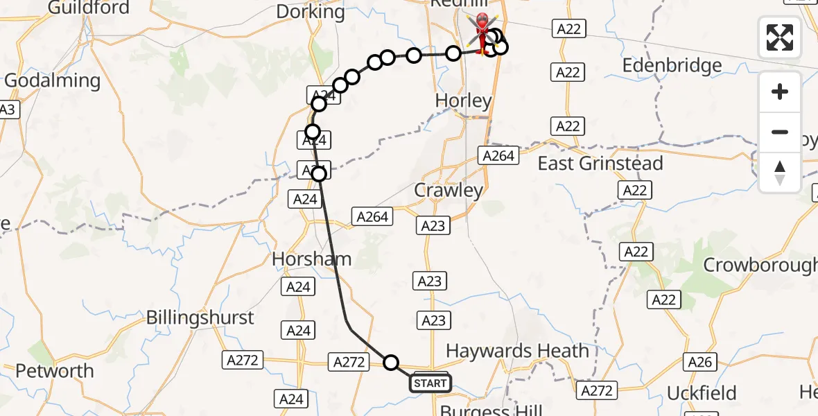 Flight route Air Ambulance Helicopter Bolney - Redhill Aerodrome, 07 September 2026, 10:12