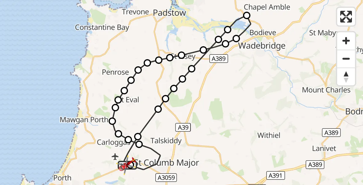 Flight route Air Ambulance Helicopter Cornwall Airport Newquay - Cornwall Airport Newquay, 07 September 2026, 10:35