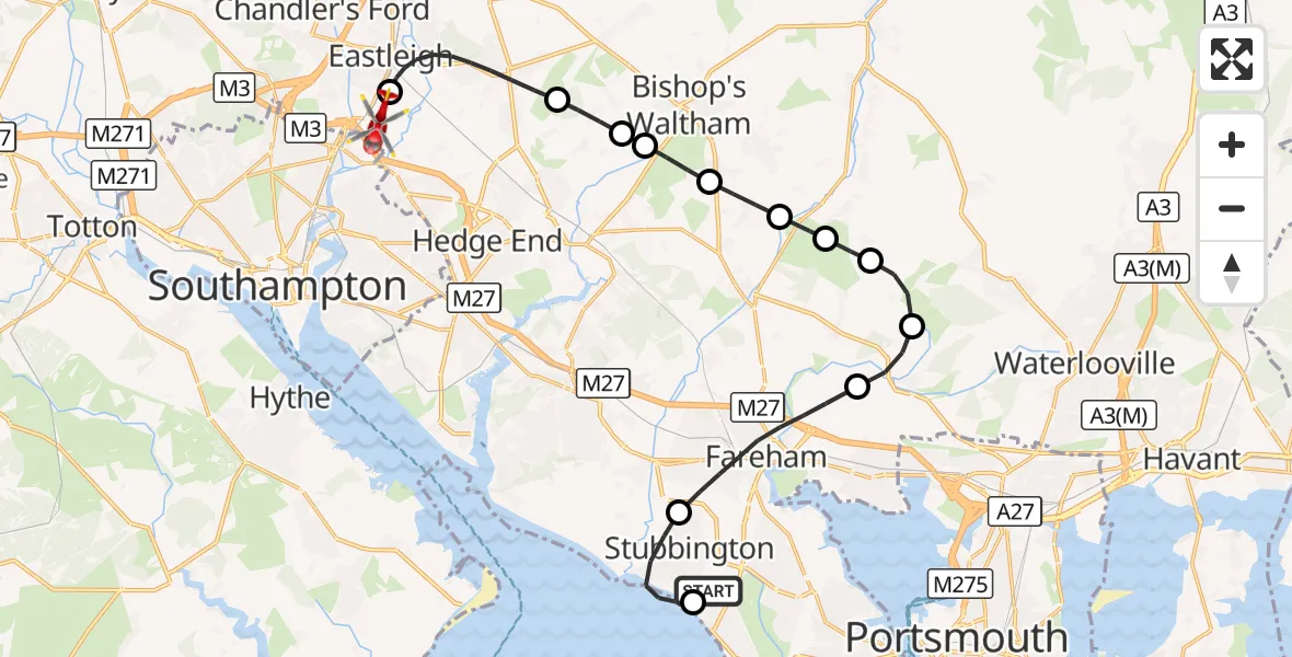 Flight route Air Ambulance Helicopter Solent Airport - Southampton Airport, 07 September 2026, 10:40