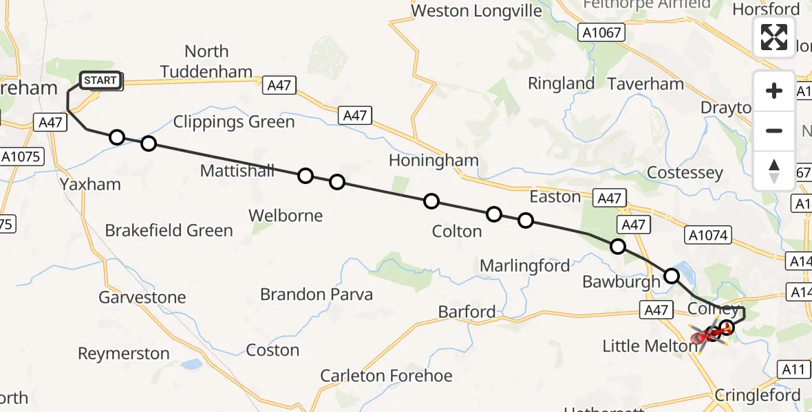 Flight route Air Ambulance Helicopter Dereham - Norfolk & Norwich Hospital, 07 September 2026, 10:49