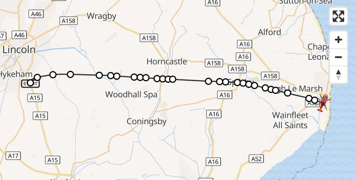 Flight route Air Ambulance Helicopter RAF Waddington - Skegness, 07 September 2026, 10:57