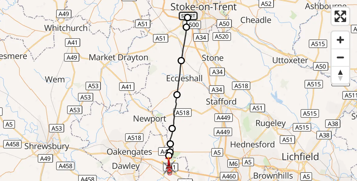 Flight route Air Ambulance Helicopter Newcastle-under-Lyme - Tong, 07 September 2026, 10:58